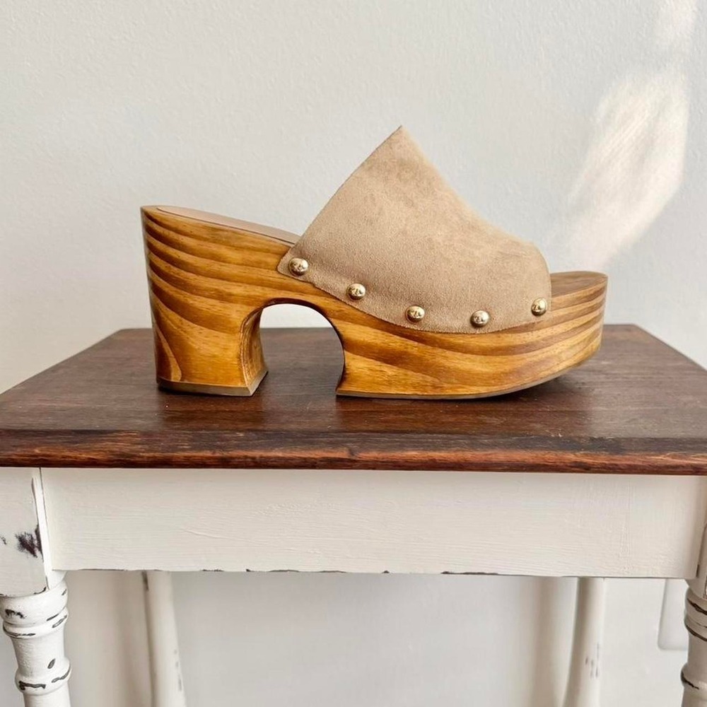 Matisse Beige Suede Platform Clog Mule with Wooden Sculpted Heel